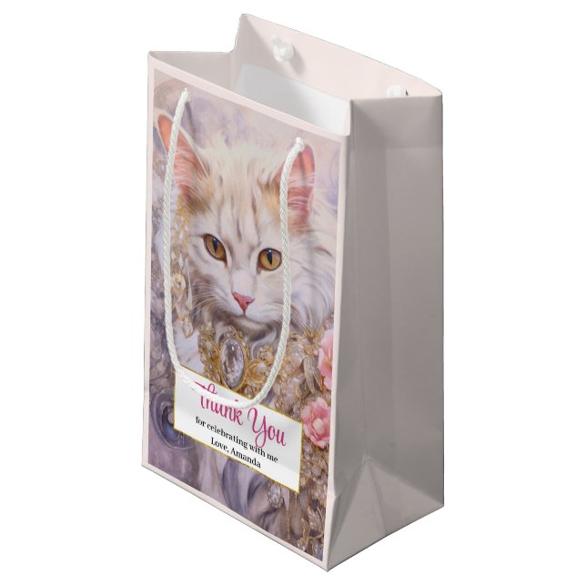Sacola Para Presentes Pequena Gato Branco Elegante em Joias de Luxo Obrigado (Frente inclinada)