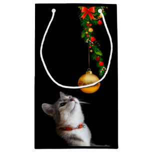 Sacola Para Presentes Pequena Gato curioso do gatinho do Natal