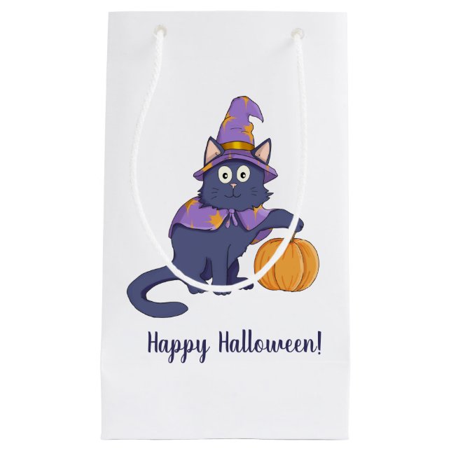 Sacola Para Presentes Pequena Gato de Halloween com Abóbora (Frente)