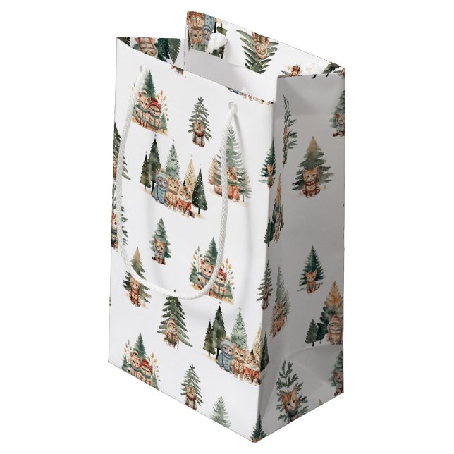 Sacola Para Presentes Pequena Gato de presente de Natal (Verso inclinado)