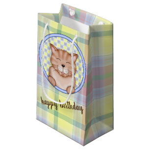 Sacola Para Presentes Pequena gato do aniversário na xadrez