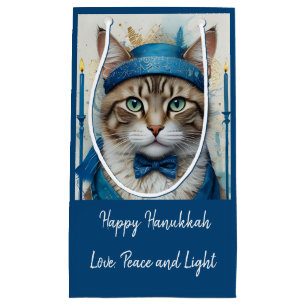 Sacola Para Presentes Pequena Gato Festivo em Disguise Jogando Hanukkah obrigado