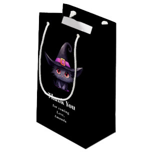 Sacola Para Presentes Pequena Gato Negro bonito Vestindo chapéu de bruxa Obrigad