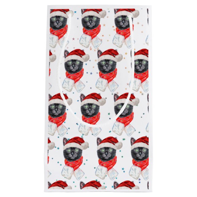 Sacola Para Presentes Pequena Gato Preto de Natal com Cachecol Vermelho (Frente)