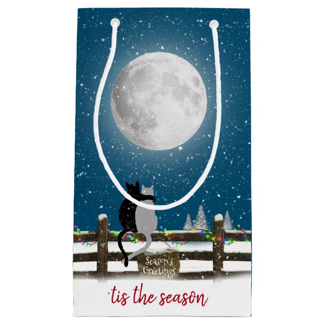 Sacola Para Presentes Pequena Gatos de Natal na cerca com lua (Frente)