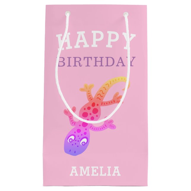 Sacola Para Presentes Pequena Gecko Cute Lizard Pink Feliz Aniversário Gift Bag (Frente)