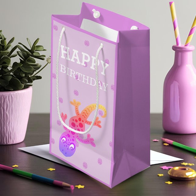 Sacola Para Presentes Pequena Gecko Gecko Lizard, um belo arco-íris, a rosa (Criador carregado)