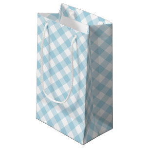 Sacola Para Presentes Pequena Gingham Diagonal Branco e Azul Claro