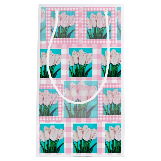 Sacola Para Presentes Pequena Gingham Tulip Gift Bag Rosa (Frente)