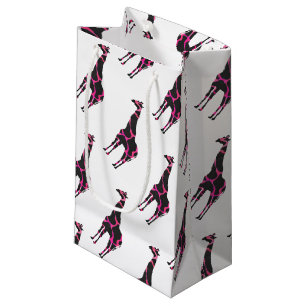 Sacola Para Presentes Pequena Girafa, rosa quente e silhueta preta