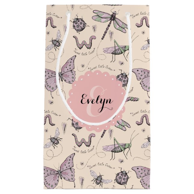 Sacola Para Presentes Pequena Girly Blush Pink Insetos Borboleta Ladybug (Frente)