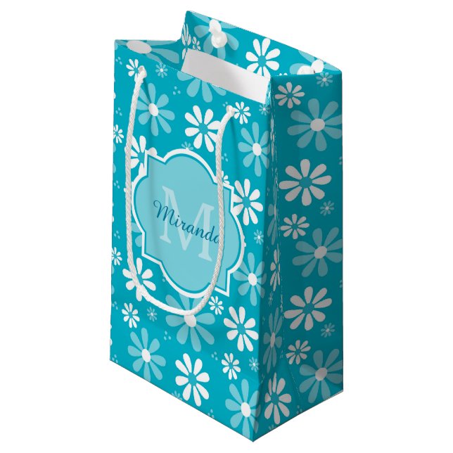Sacola Para Presentes Pequena Girly Monogramas Turquoise Daisy Flowers Com Nome (Frente inclinada)