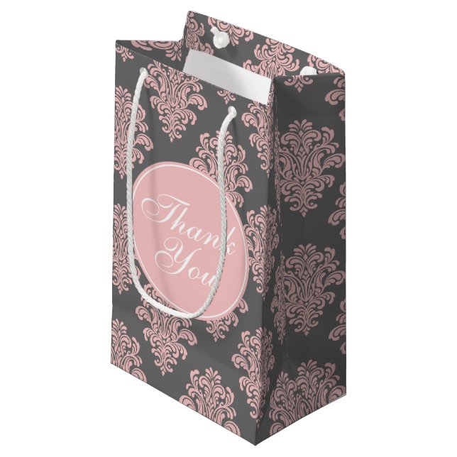 Sacola Para Presentes Pequena Girly Pink e Cinza Damask Obrigado (Frente inclinada)