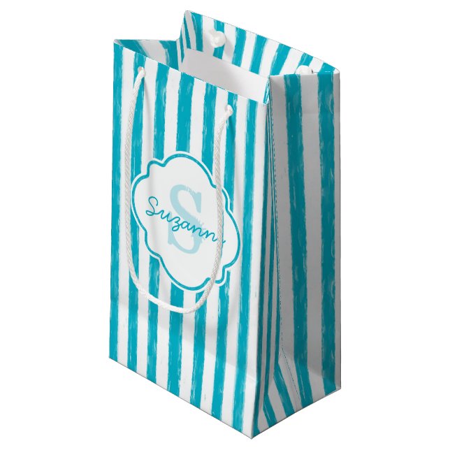 Sacola Para Presentes Pequena Girly Turquoise Pains Stripes Monograma e Nome (Frente inclinada)