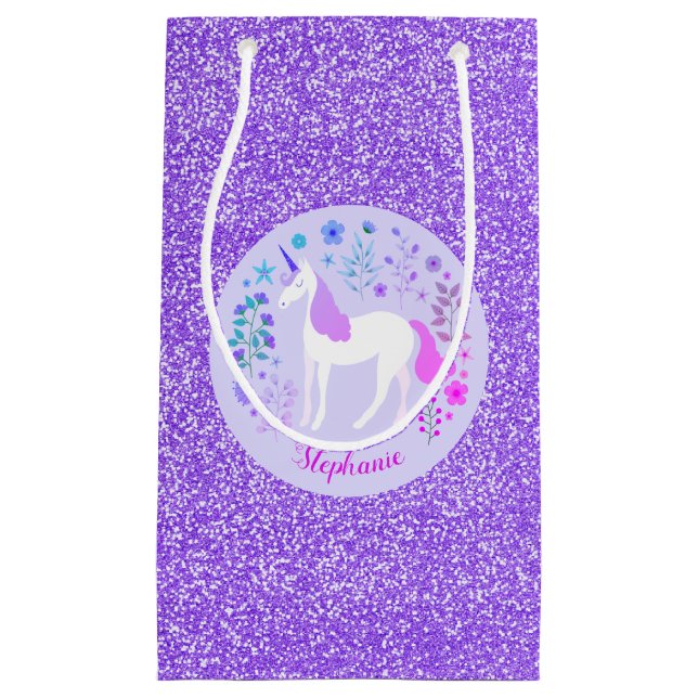 Sacola Para Presentes Pequena Glitter de Unicórnio Roxo Rosa Personalizado (Frente)