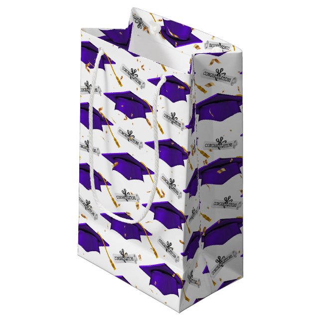 Sacola Para Presentes Pequena Gorro de Formatura Roxo com Diplomas (Frente inclinada)