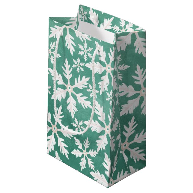 Sacola Para Presentes Pequena Grandes Flocos Brancos de Neve Caindo em Fundo Ver (Frente inclinada)