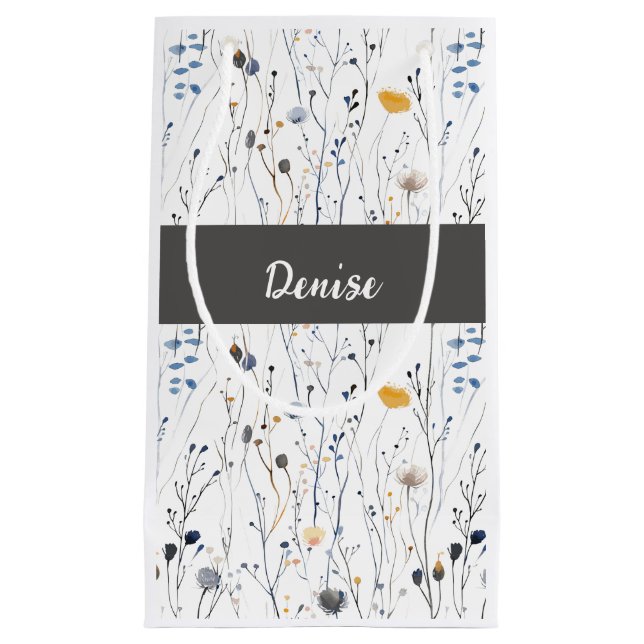 Sacola Para Presentes Pequena Gray Blue Wildflower Watercolor Monogram (Frente)