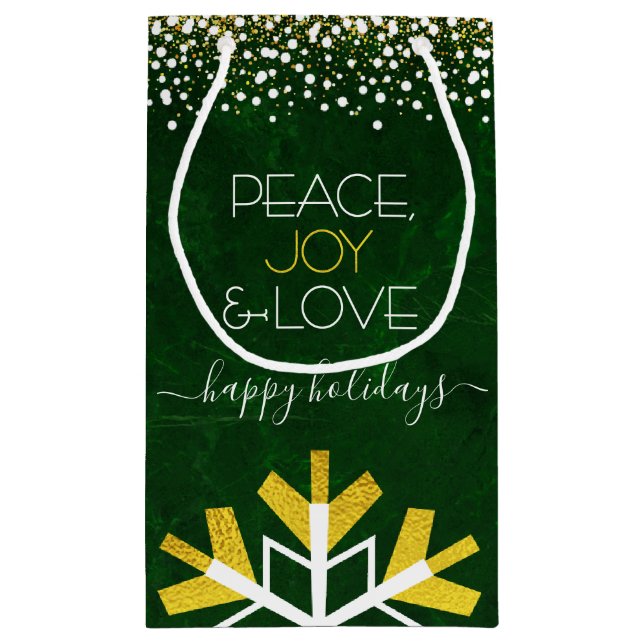 Sacola Para Presentes Pequena Green Snowflake Peace Joy Love Modern Typografia (Verso)