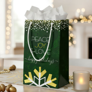 Sacola Para Presentes Pequena Green Snowflake Peace Joy Love Modern Typografia