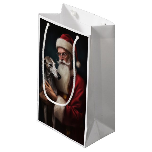 Sacola Para Presentes Pequena Greyhound com Papai Noel Natal Festivo (Frente inclinada)