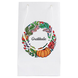 Sacola Para Presentes Pequena Grinalda bonita da abóbora da aguarela com folhas
