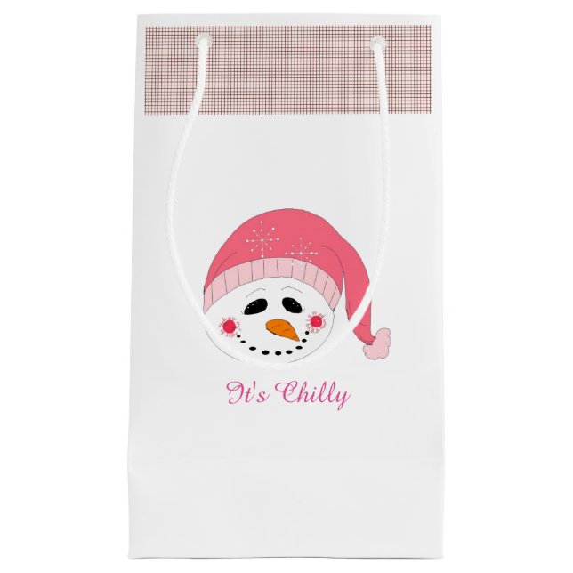 Sacola Para Presentes Pequena Grinning Snowman com Winter Say (Frente)