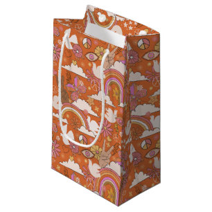 Sacola Para Presentes Pequena Groovy 70s Retro Hippie Peace Orange Bohemian