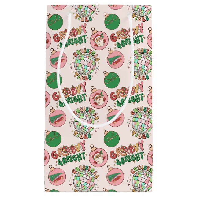 Sacola Para Presentes Pequena Groovy and Bright Pink and Green Retro Holiday (Frente)