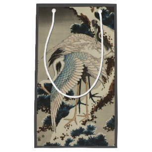 Sacola Para Presentes Pequena Gruas em Pine Hokusai coberto de neve