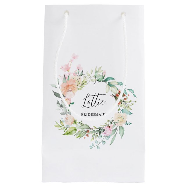 Sacola Para Presentes Pequena Guirlanda De Rosas Florais Dama De Honra Despedida (Frente)