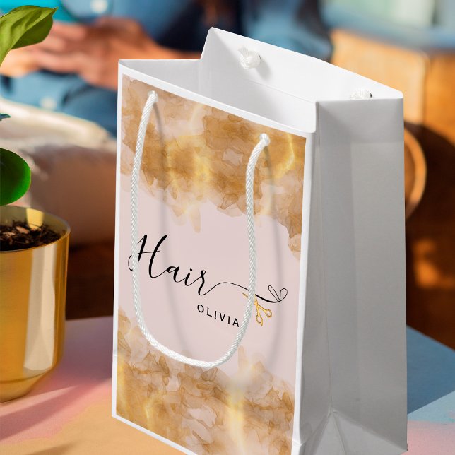 Sacola Para Presentes Pequena Hairdresser Dourado Tesoura Hairstylist Rosa (Criador carregado)