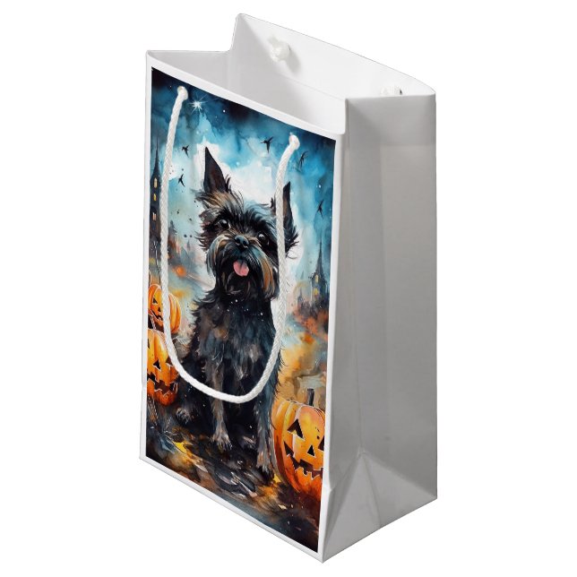 Sacola Para Presentes Pequena Halloween Affenpinscher Com Pumpkins Assustado (Frente inclinada)