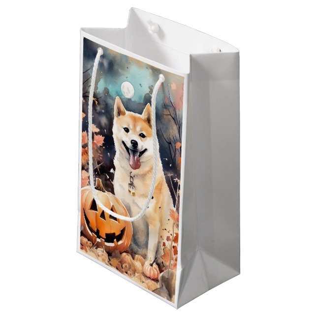 Sacola Para Presentes Pequena Halloween Akita Com Pumpkins Assustado (Frente inclinada)