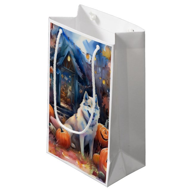 Sacola Para Presentes Pequena Halloween Alaskan Malamute Com Pumpkins Assustado (Frente inclinada)