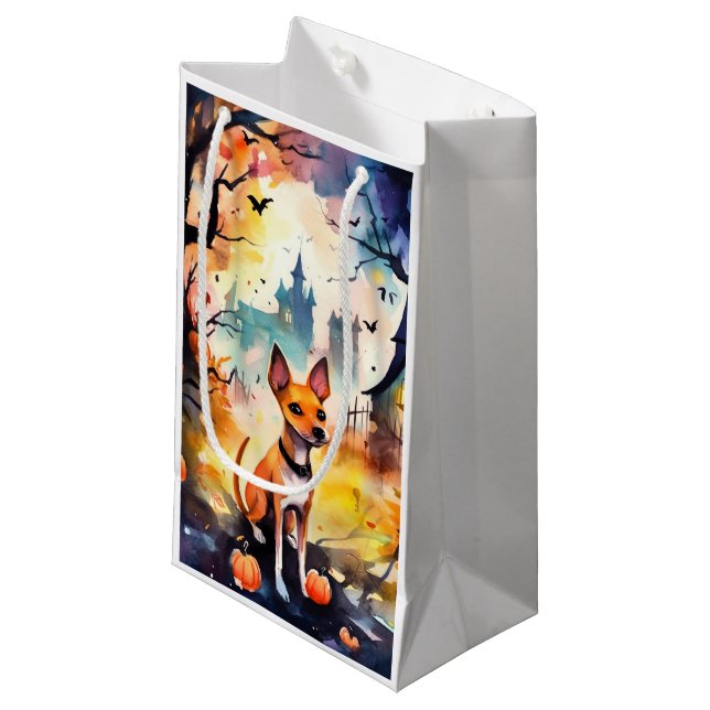 Sacola Para Presentes Pequena Halloween Basenji Com Pumpkins Assustado (Frente inclinada)
