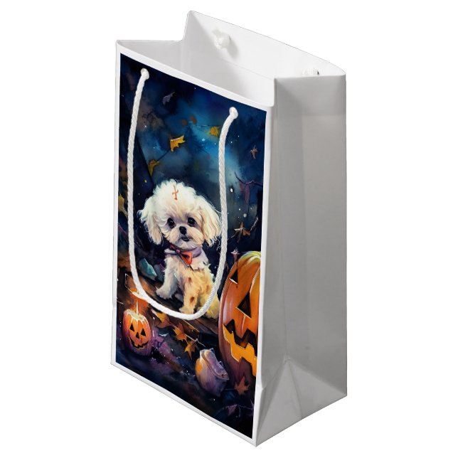 Sacola Para Presentes Pequena Halloween Bichon Frise Com Pumpkins Assustado (Frente inclinada)