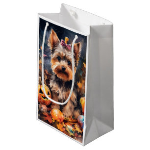 Sacola Para Presentes Pequena Halloween Biewer Terrier Com Pumpkins Assustado