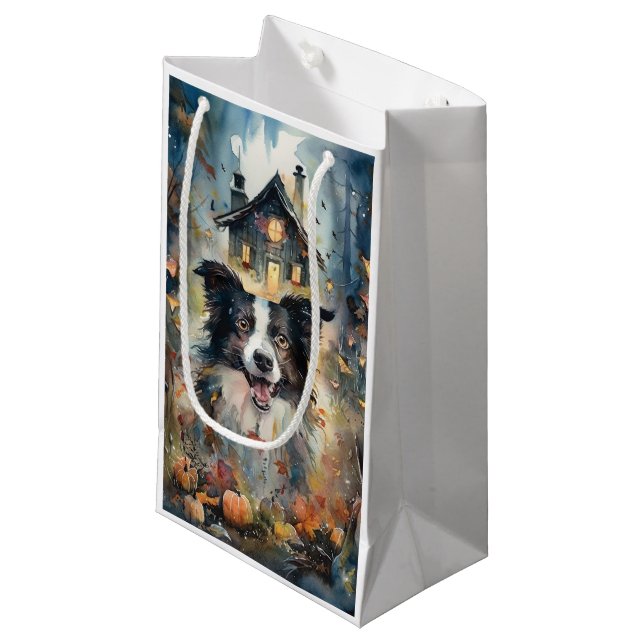 Sacola Para Presentes Pequena Halloween Border Collie Com Pumpkins Assustado (Frente inclinada)