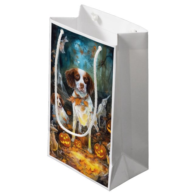 Sacola Para Presentes Pequena Halloween Brittany Spaniel Com Pumpkins Assustado (Frente inclinada)