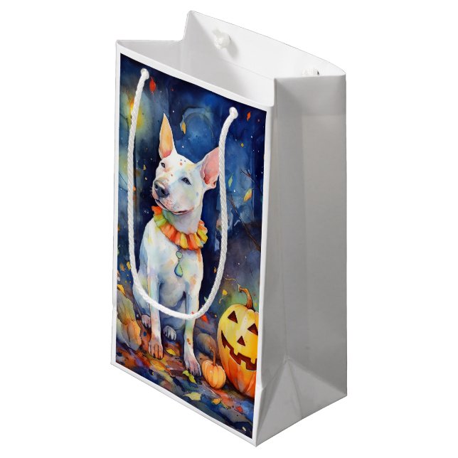 Sacola Para Presentes Pequena Halloween Bull Terrier Com Pumpkins Assustado (Frente inclinada)