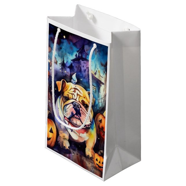 Sacola Para Presentes Pequena Halloween Bulldog Com Pumpkins Assustado (Frente inclinada)