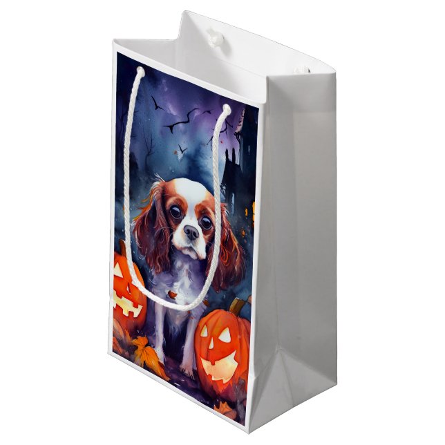 Sacola Para Presentes Pequena Halloween Cavalier King Charles Spaniel Pumpkins (Frente inclinada)