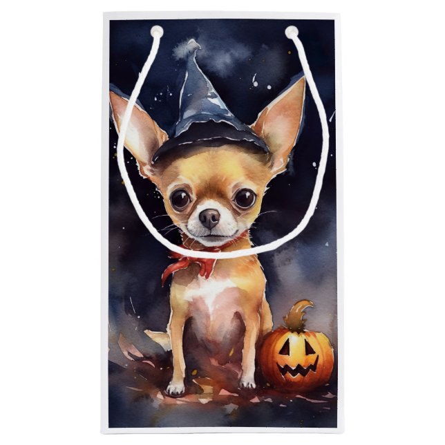 Sacola Para Presentes Pequena Halloween chihuahua com Pumpkins assustado (Verso)