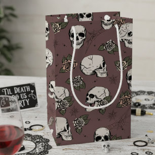 Sacola Para Presentes Pequena Halloween de Rosas e crânios góticos de ameixa esc
