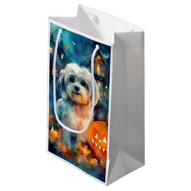 Sacola Para Presentes Pequena Halloween Havanese Com Pumpkins Assustado (Frente inclinada)