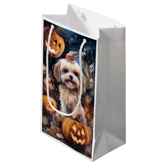 Sacola Para Presentes Pequena Halloween Lhasa Apso Com Pumpkins Assustado (Frente inclinada)