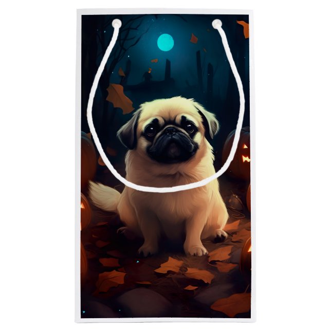 Sacola Para Presentes Pequena Halloween Pekingese Com Pumpkins Assustado (Verso)