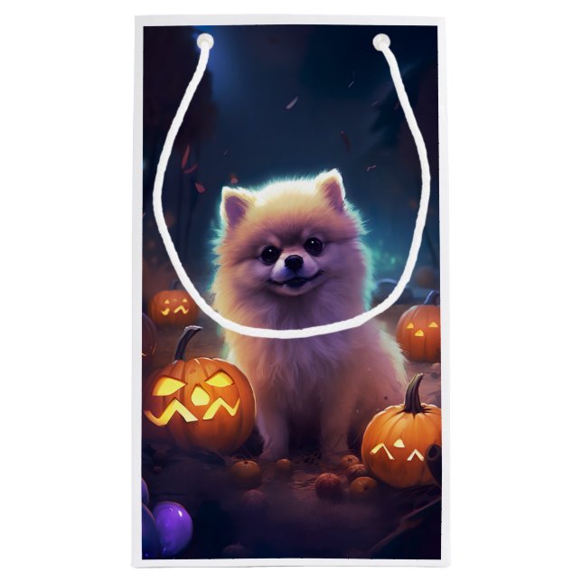Sacola Para Presentes Pequena Halloween Pomeranian Com Pumpkins Assustado (Verso)