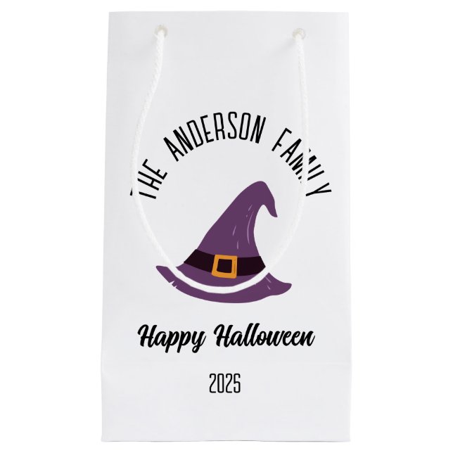 Sacola Para Presentes Pequena Halloween Purple Witch Hat Nome Personalizado (Frente)